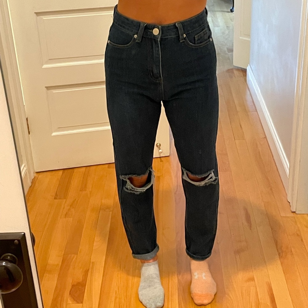 High waisted, Straight leg Dark wash jeans with distressed knees
